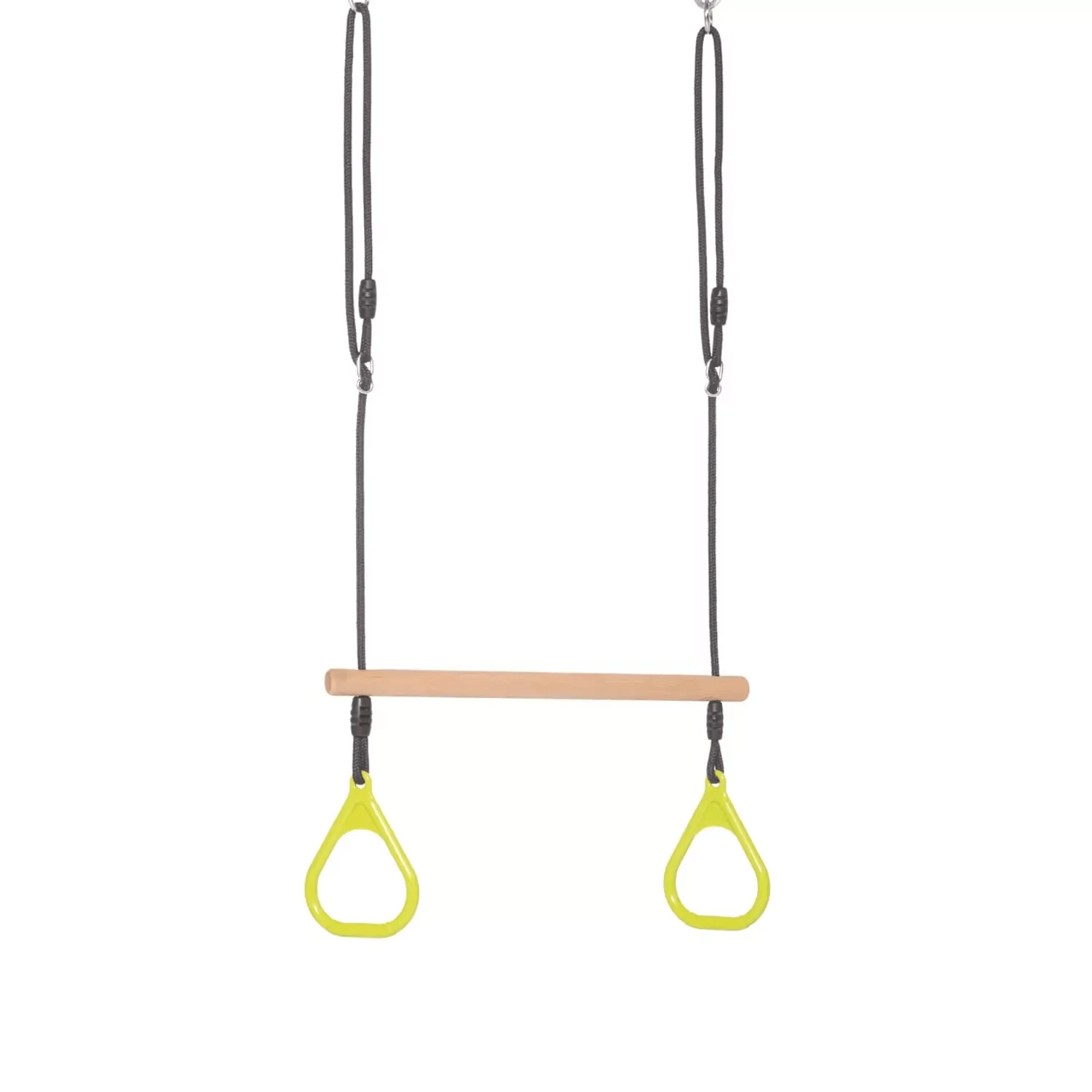 Houten Ringtrapeze Met Kunststof Ringen Limoengroen (black-rope) Gevlochten Touw 3 Houten Ringtrapeze Met Kunststof Ringen Limoengroen (black-rope) Gevlochten Touw